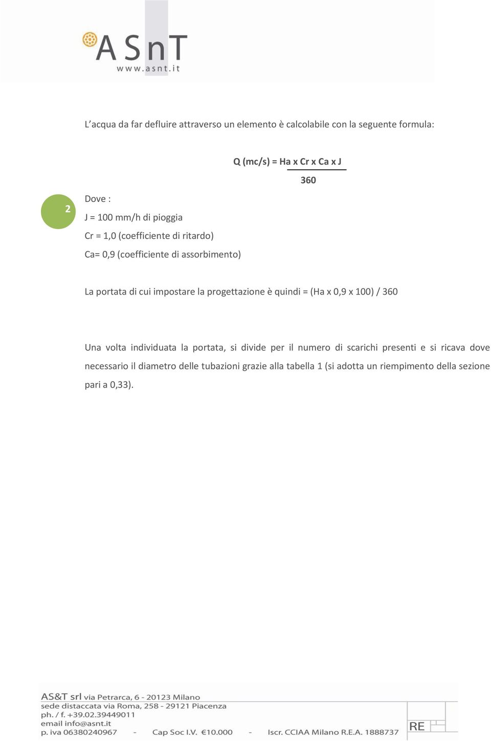 progettazione è quindi = (Ha x 0,9 x 100) / 360 Una volta individuata la portata, si divide per il numero di scarichi presenti e