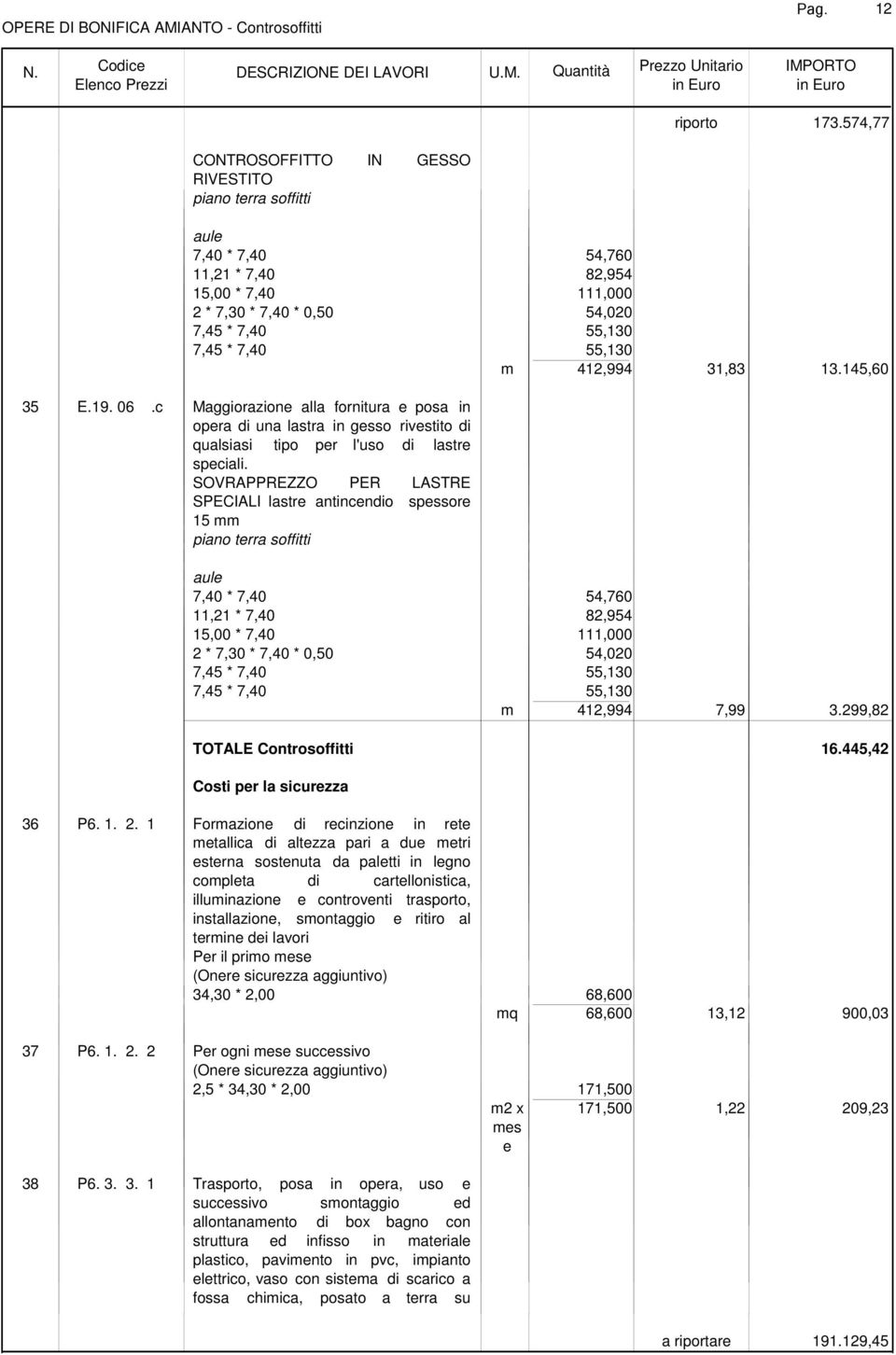 13.145,60 35 E.19. 06.c Maggiorazione alla fornitura e posa in opera di una lastra in gesso rivestito di qualsiasi tipo per l'uso di lastre speciali.