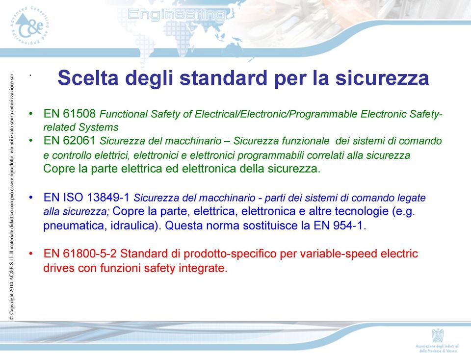 della sicurezza. EN ISO 13849-1 Sicurezza del macchinario - parti dei sistemi di comando legate alla sicurezza; Copre la parte, elettrica, elettronica e altre tecnologie (e.