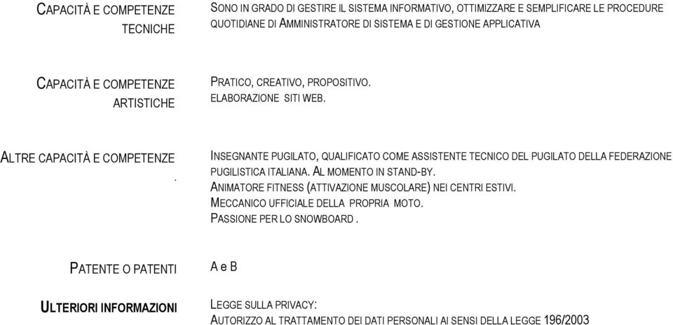 INSEGNANTE PUGILATO, QUALIFICATO COME ASSISTENTE TECNICO DEL PUGILATO DELLA FEDERAZIONE PUGILISTICA ITALIANA. AL MOMENTO IN STAND-BY.