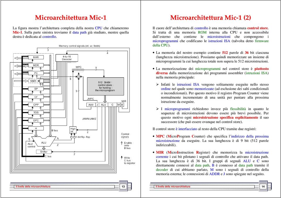 Microarchitettura Mic-1 (2) Il cuore dell architettura di controllo è una memoria chiamata control store.