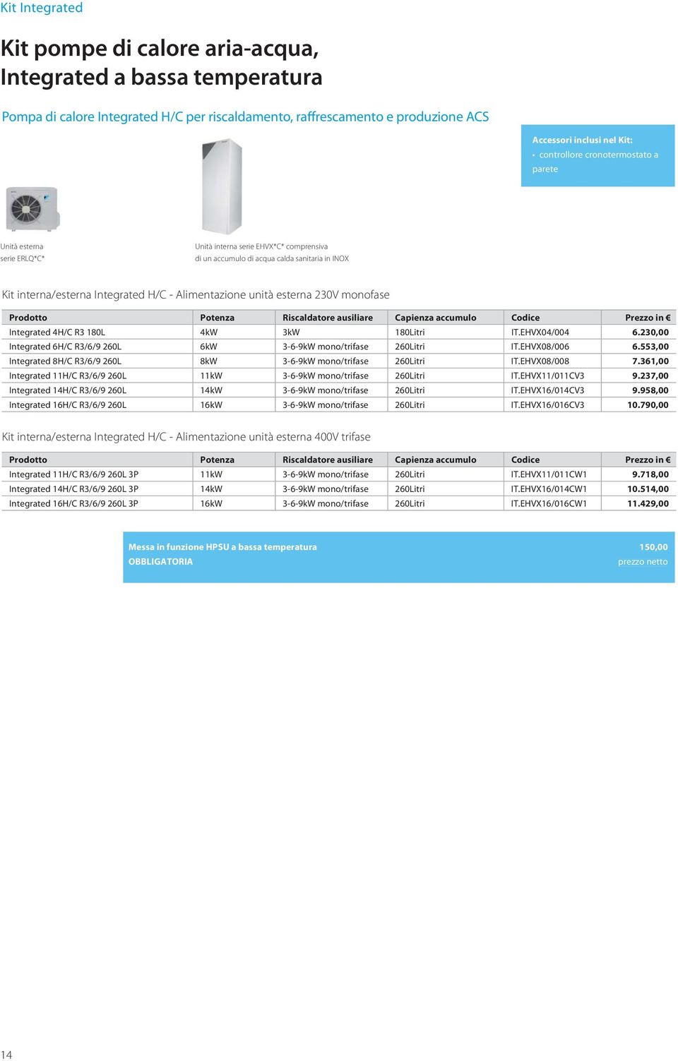 Potenza Riscaldatore ausiliare Capienza accumulo Codice Prezzo in Integrated 4H/C R3 180L 4kW 3kW 180Litri IT.EHVX04/004 6.230,00 Integrated 6H/C R3/6/9 260L 6kW 3-6-9kW mono/trifase 260Litri IT.