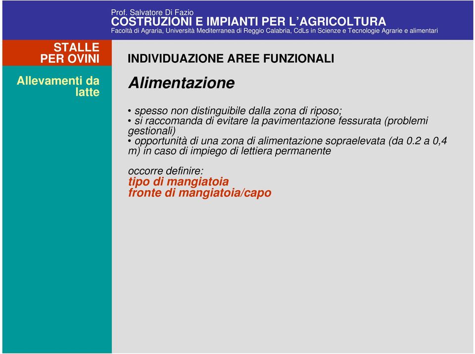 raccomanda di evitare la pavimentazione fessurata (problemi gestionali) opportunità di una zona di alimentazione