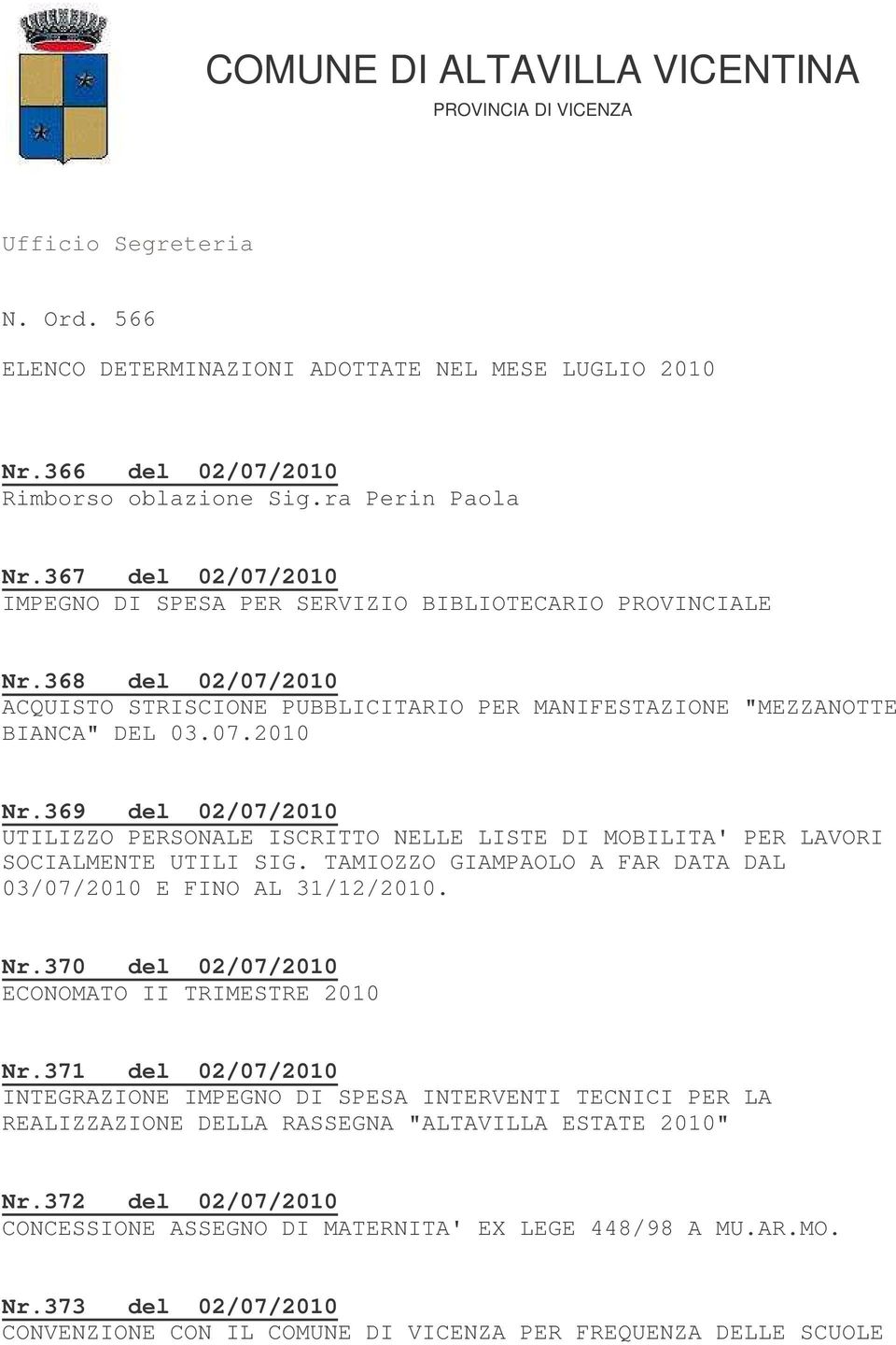 369 del 02/07/2010 UTILIZZO PERSONALE ISCRITTO NELLE LISTE DI MOBILITA' PER LAVORI SOCIALMENTE UTILI SIG. TAMIOZZO GIAMPAOLO A FAR DATA DAL 03/07/2010 E FINO AL 31/12/2010. Nr.