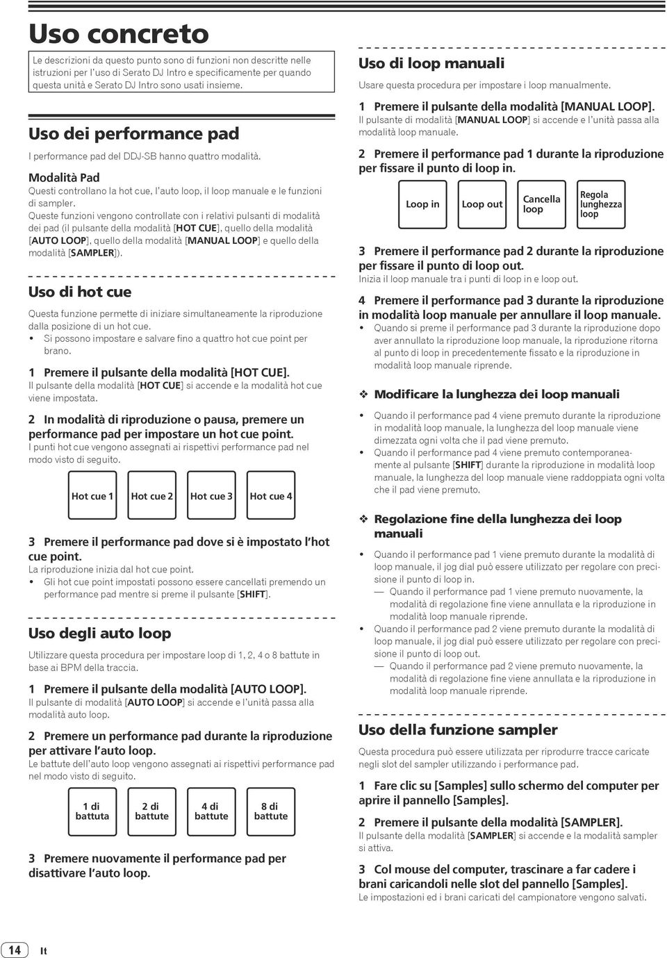 Queste funzioni vengono controllate con i relativi pulsanti di modalità dei pad (il pulsante della modalità [HOT CUE], quello della modalità [AUTO LOOP], quello della modalità [MANUAL LOOP] e quello