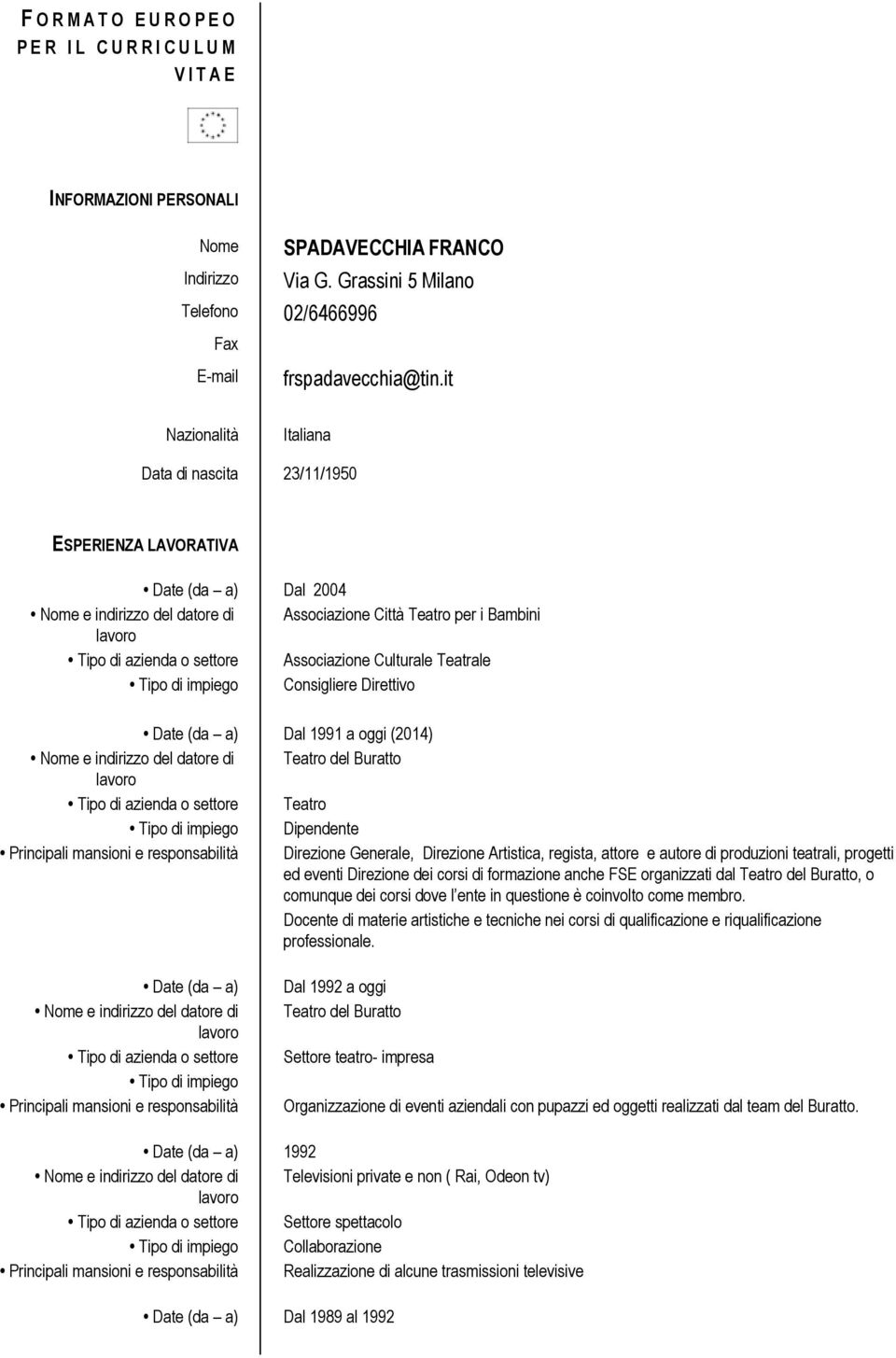 Associazione Culturale Teatrale Consigliere Direttivo Date (da a) Dal 1991 a oggi (2014) Nome e indirizzo del datore di Teatro del Buratto Dipendente Principali mansioni e responsabilità Direzione