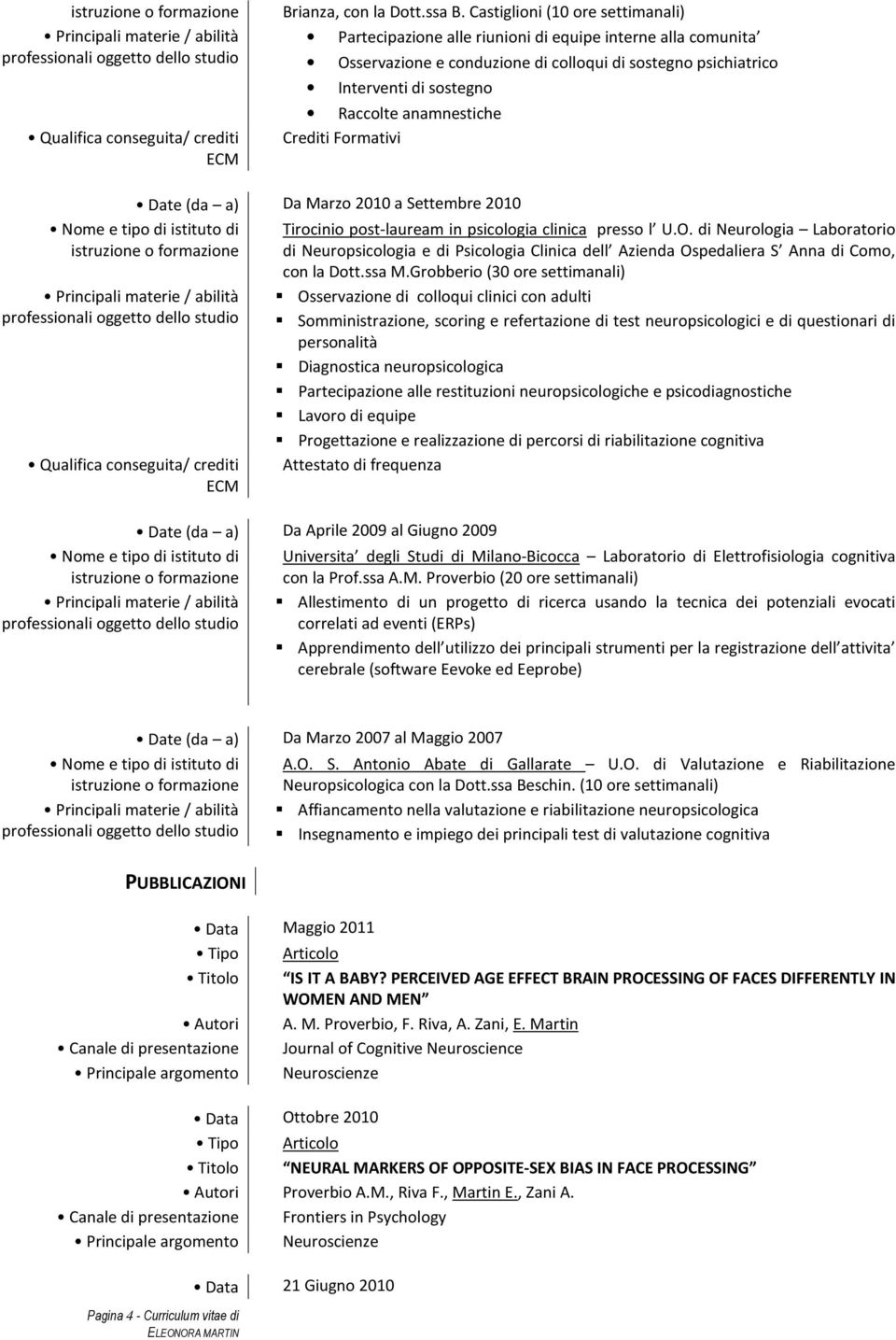 anamnestiche Crediti Formativi Date (da a) Da Marzo 2010 a Settembre 2010 Tirocinio post-lauream in psicologia clinica presso l U.O.