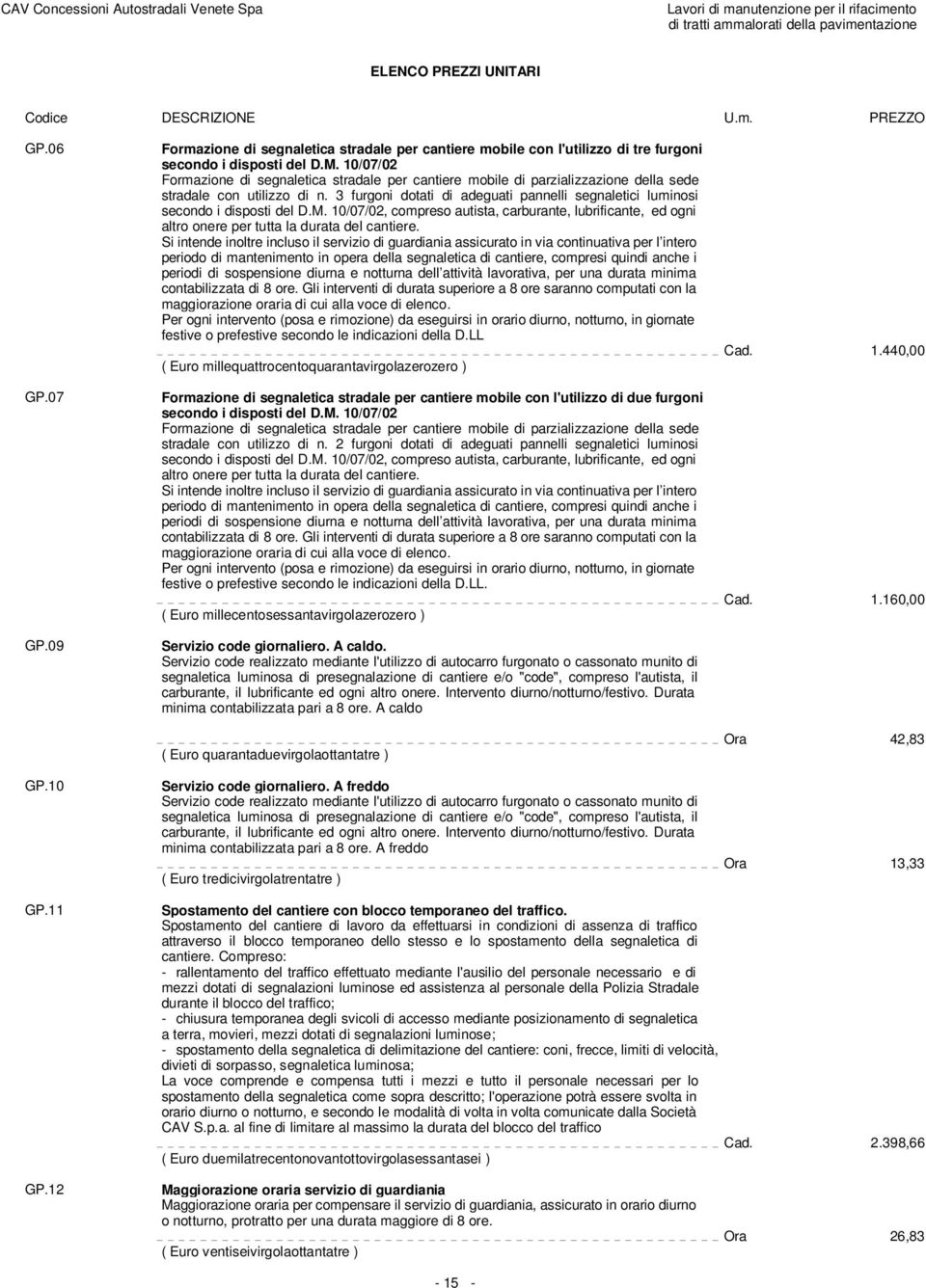 3 furgoni dotati di adeguati pannelli segnaletici luminosi secondo i disposti del D.M. 10/07/02, compreso autista, carburante, lubrificante, ed ogni altro onere per tutta la durata del cantiere.