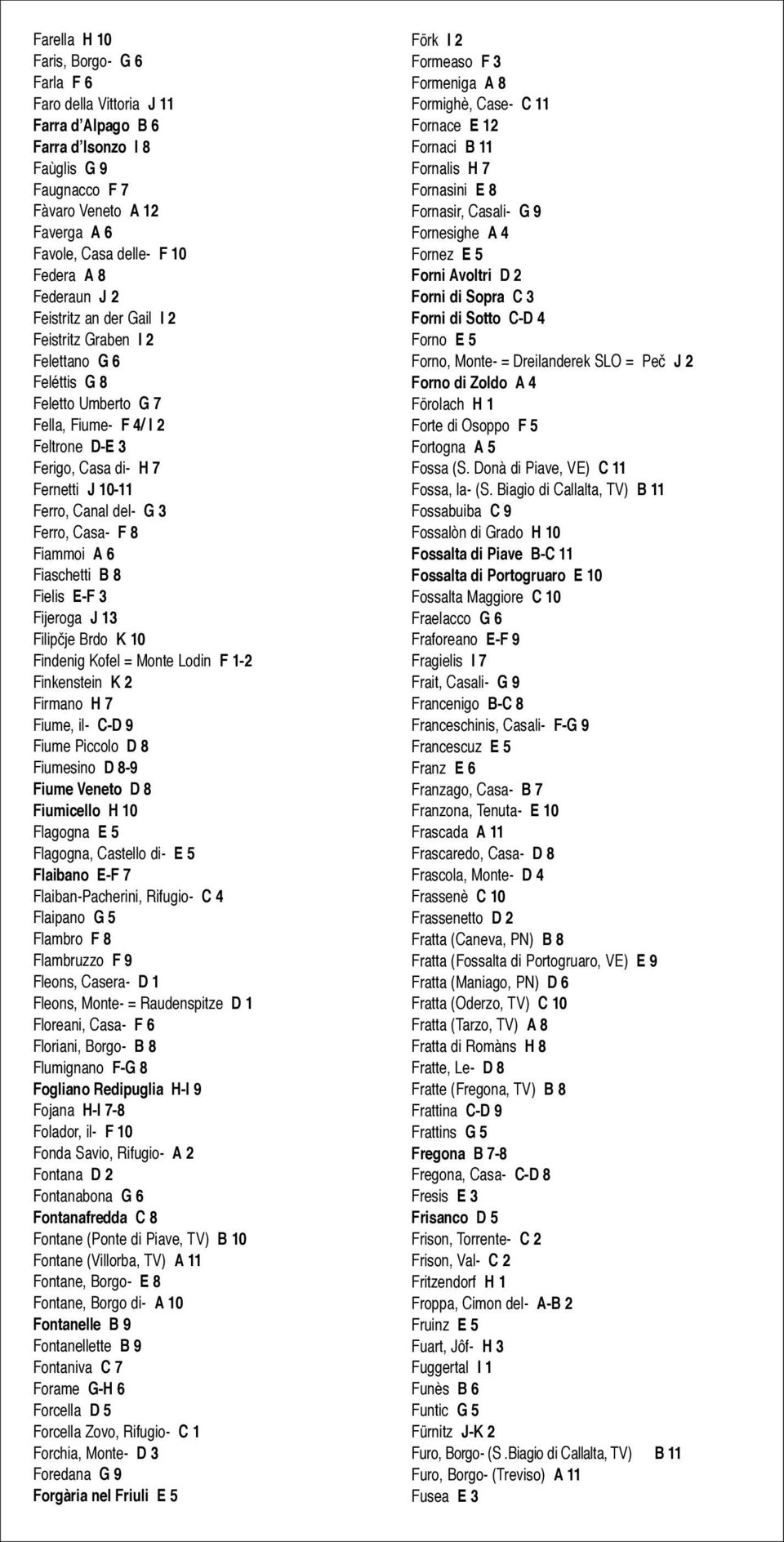 del- G 3 Ferro, Casa- F 8 Fiammoi A 6 Fiaschetti B 8 Fielis E-F 3 Fijeroga J 13 Filipčje Brdo K 10 Findenig Kofel = Monte Lodin F 1-2 Finkenstein K 2 Firmano H 7 Fiume, il- C-D 9 Fiume Piccolo D 8