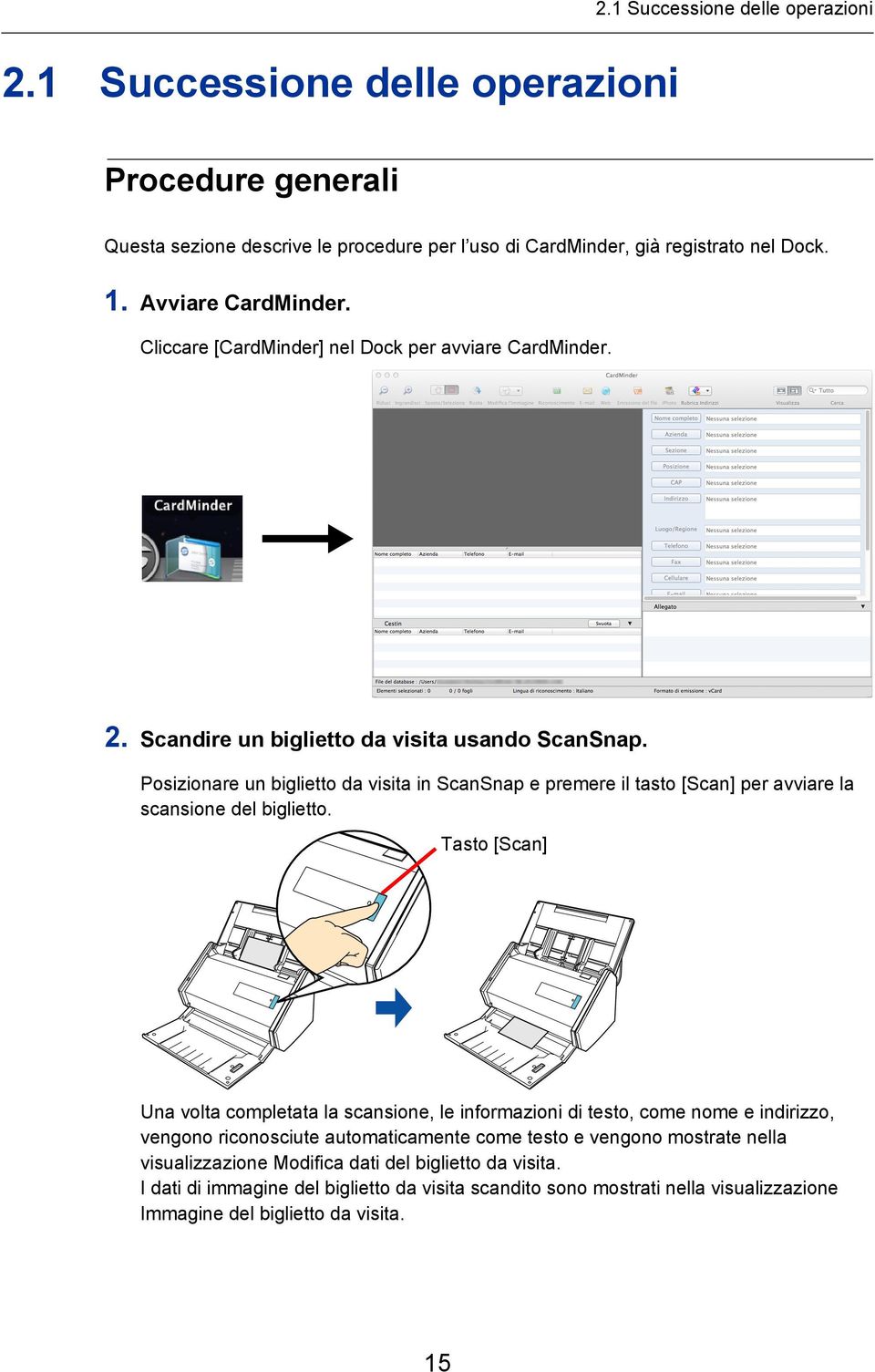 Posizionare un biglietto da visita in ScanSnap e premere il tasto [Scan] per avviare la scansione del biglietto.