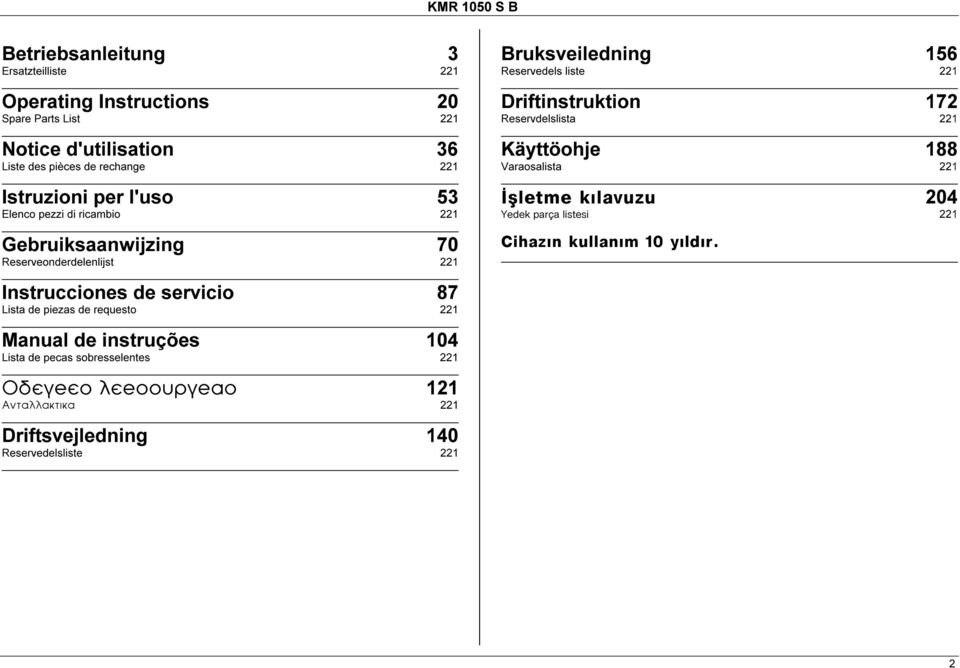 Manual de instruções 104 Lista de pecas sobresselentes 221 Ïäåãeåo ëåeoïõñãeao 121 Áíôáëëáêôéêá 221 Driftsvejledning 140 Reservedelsliste 221 Bruksveiledning 156