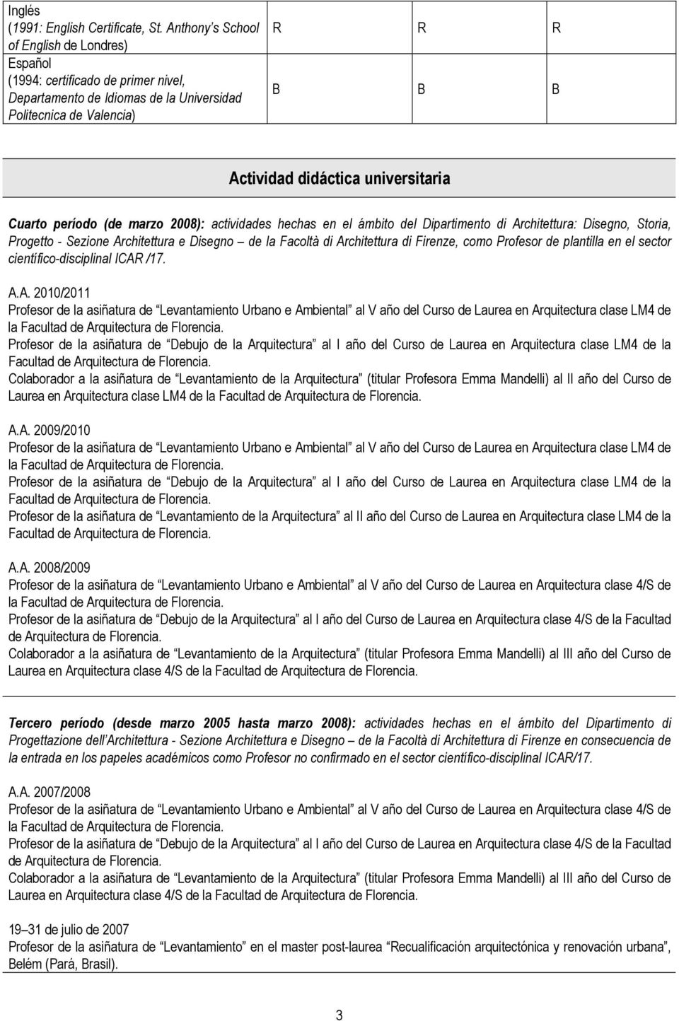 Cuarto período (de marzo 2008): actividades hechas en el ámbito del Dipartimento di Architettura: Disegno, Storia, Progetto - Sezione Architettura e Disegno de la Facoltà di Architettura di Firenze,