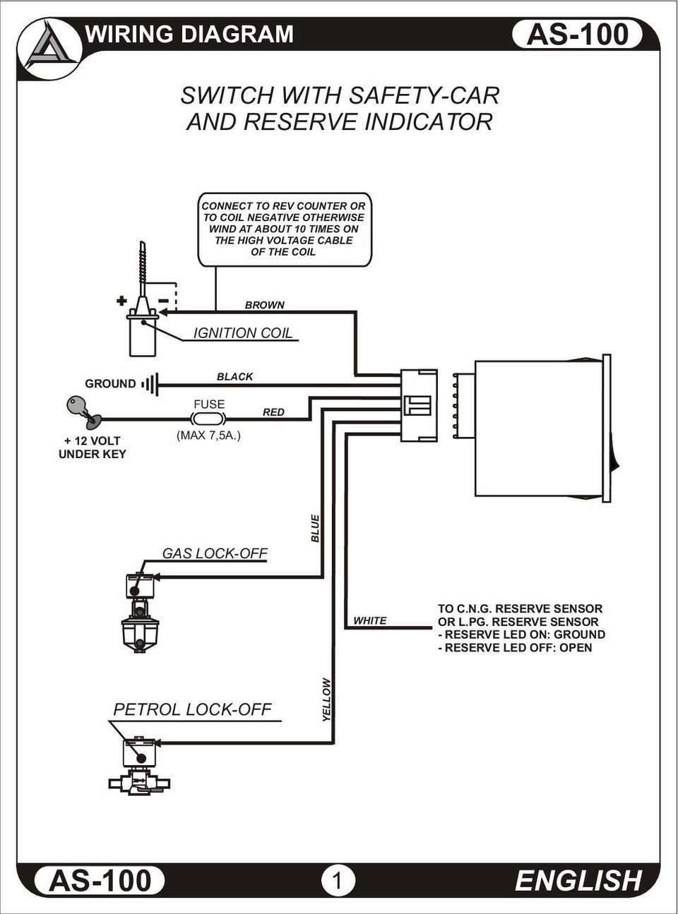 COIL GROUND + 2 VOLT UNDER KEY FUSE BLACK RED GAS LOCK-OFF BLUE WHITE TO C.N.G. RESERVE SENSOR OR L.