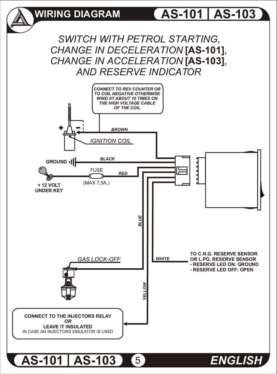 COIL GROUND + 2 VOLT UNDER KEY FUSE BLACK RED BLUE GAS LOCK-OFF WHITE TO C.N.G. RESERVE SENSOR OR L.PG.