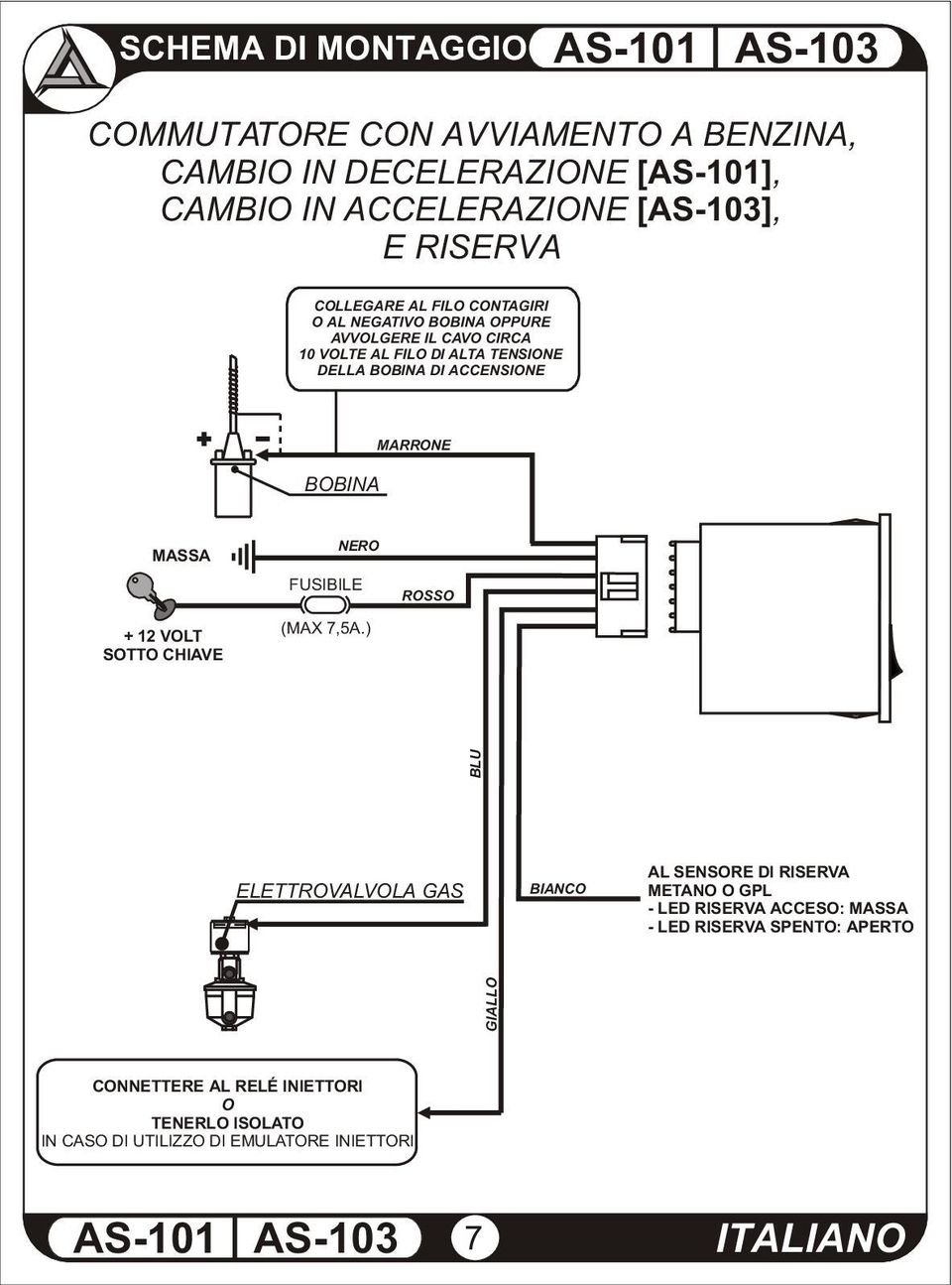 MARRONE MASSA + 2 VOLT SOTTO CHIAVE NERO FUSIBILE ROSSO BLU ELETTROVALVOLA GAS BIANCO AL SENSORE DI RISERVA METANO O GPL - LED RISERVA ACCESO: