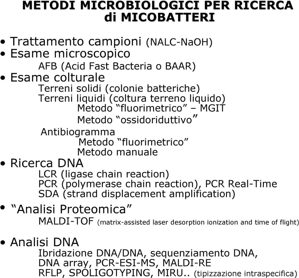 (ligase chain reaction) PCR (polymerase chain reaction), PCR Real-Time SDA (strand displacement amplification) Analisi Proteomica MALDI-TOF (matrix-assisted laser