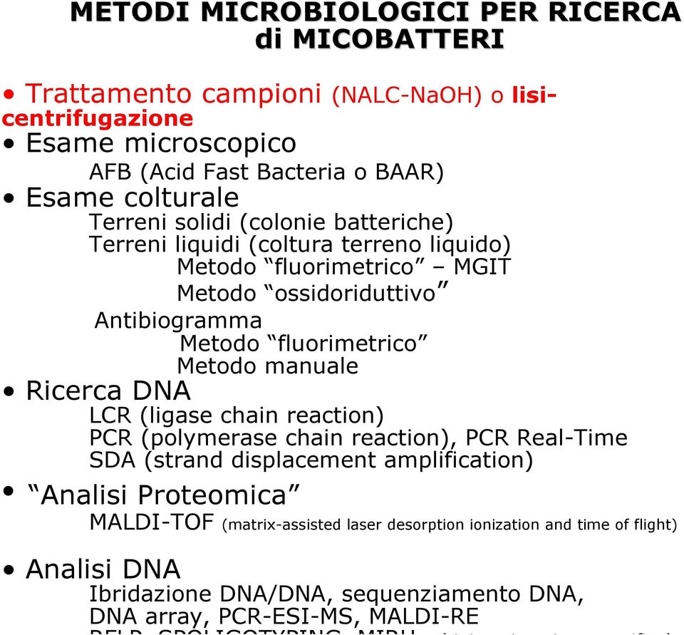 Ricerca DNA LCR (ligase chain reaction) PCR (polymerase chain reaction), PCR Real-Time SDA (strand displacement amplification) Analisi Proteomica MALDI-TOF (matrix-assisted