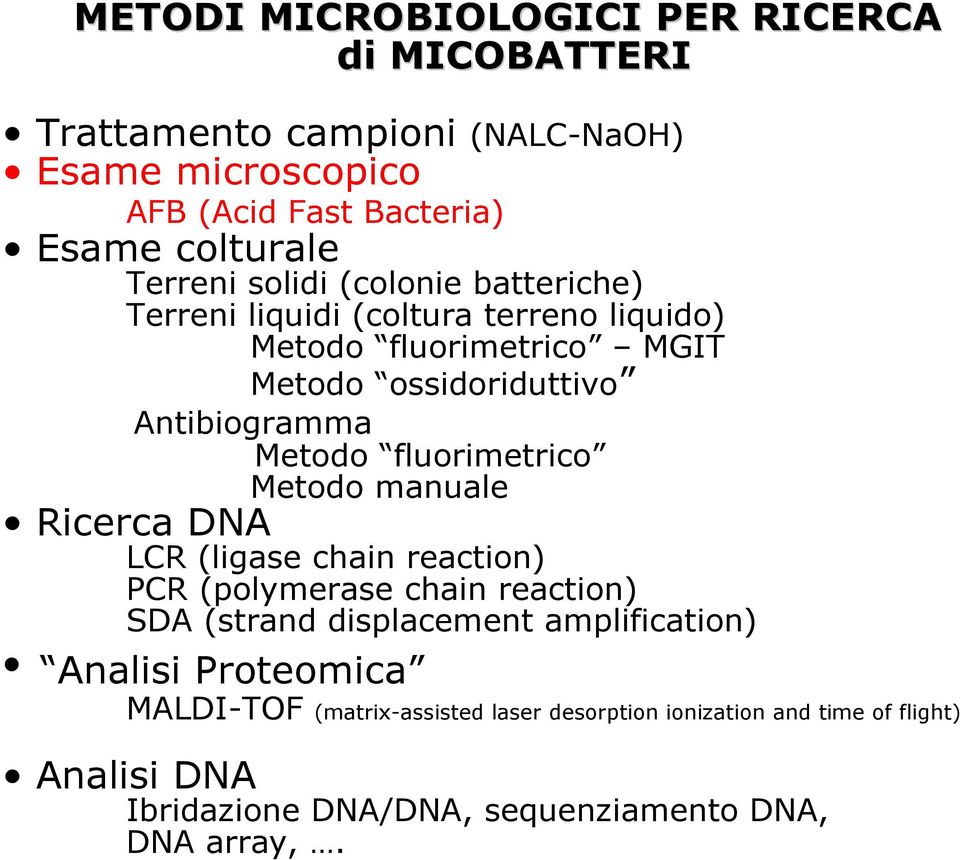 fluorimetrico Metodo manuale Ricerca DNA LCR (ligase chain reaction) PCR (polymerase chain reaction) SDA (strand displacement amplification)