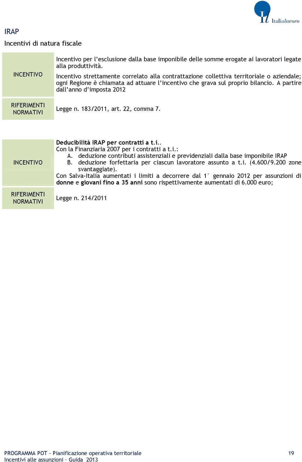 INCENTIV RIFERIMENTI NRMTIVI Dducibilità IRP pr cntrtti t.i.. Cn l Finnziri 2007 pr i cntrtti t.i.:. dduzin cntributi ssistnzili prvidnzili dll bs impnibil IRP B.