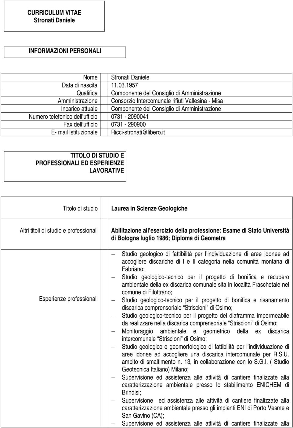 it Laurea in Scienze Geologiche Altri titoli di studio e professionali Abilitazione all esercizio della professione: Esame di Stato Università di Bologna luglio 1986; Diploma di Geometra Studio