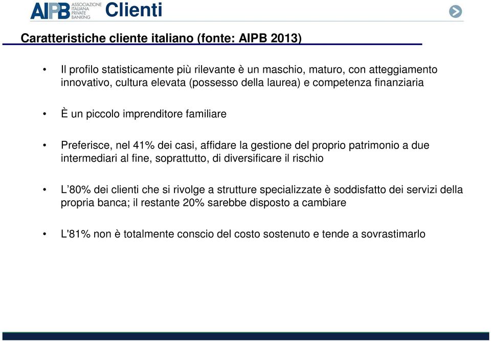 proprio patrimonio a due intermediari al fine, soprattutto, di diversificare il rischio L 80% dei clienti che si rivolge a strutture specializzate è