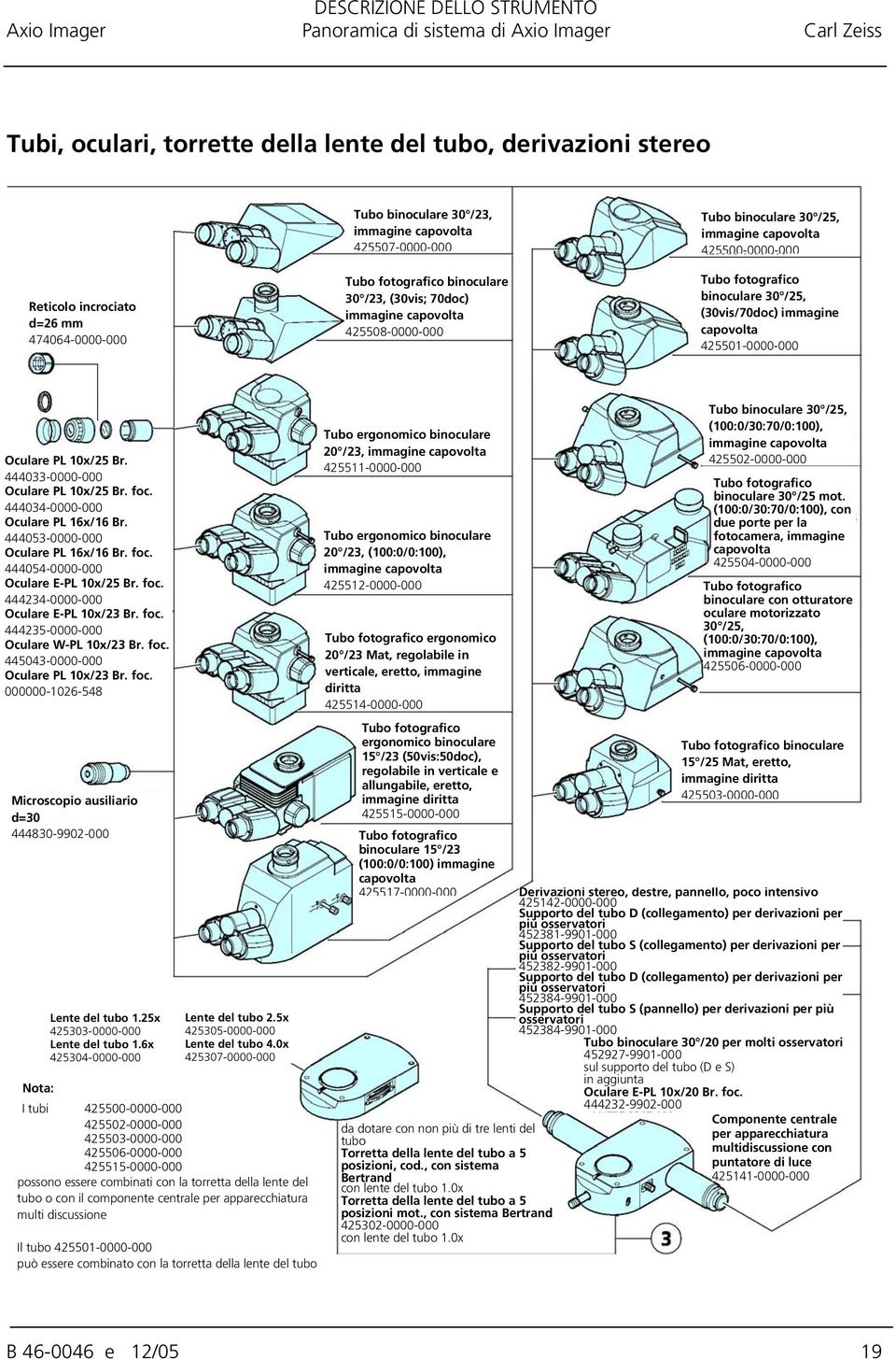 425500-0000-000 Tubo fotografico binoculare 30 /25, (30vis/70doc) immagine capovolta 425501-0000-000 Oculare PL 10x/25 Br. 444033-0000-000 Oculare PL 10x/25 Br. foc.