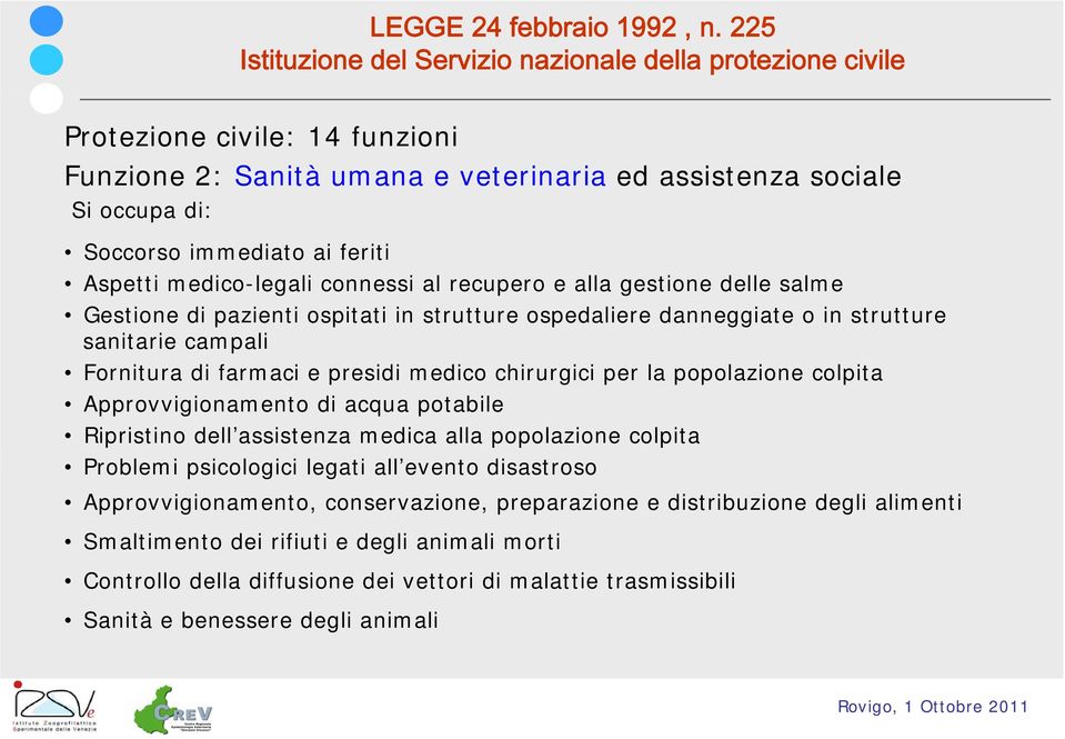 Aspetti medico-legali li connessi al recupero e alla gestione delle salme Gestione di pazienti ospitati in strutture ospedaliere danneggiate o in strutture sanitarie campali Fornitura di farmaci e