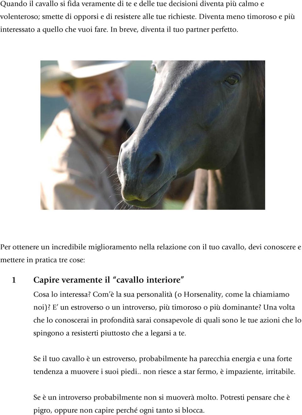 Per ottenere un incredibile miglioramento nella relazione con il tuo cavallo, devi conoscere e mettere in pratica tre cose: 1 Capire veramente il cavallo interiore Cosa lo interessa?