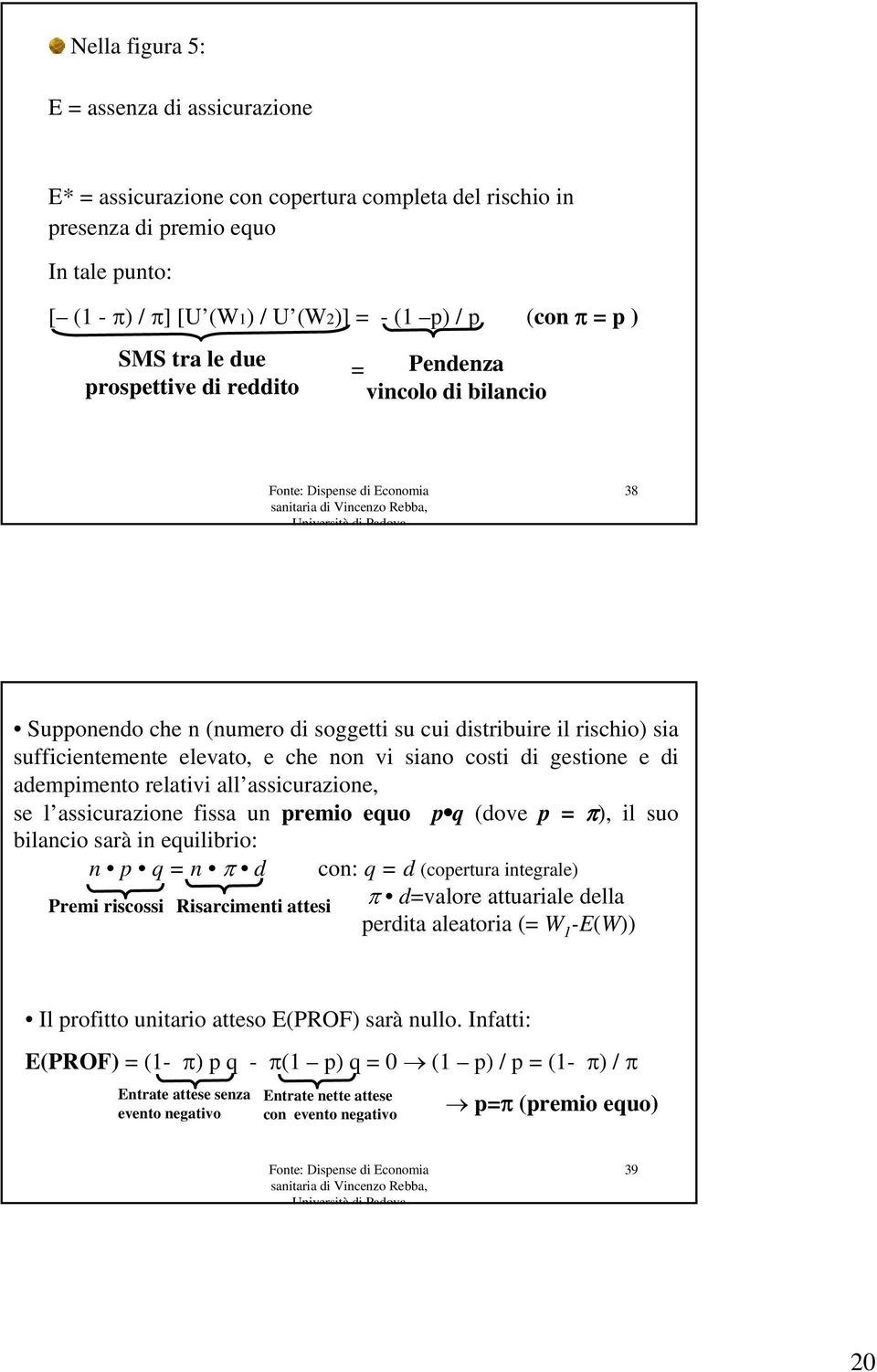 gestione e di adempimento relativi all assicurazione, se l assicurazione fissa un premio equo pq (dove p = π), il suo bilancio sarà in equilibrio: n p q = n π d con: q = d (copertura integrale) Premi