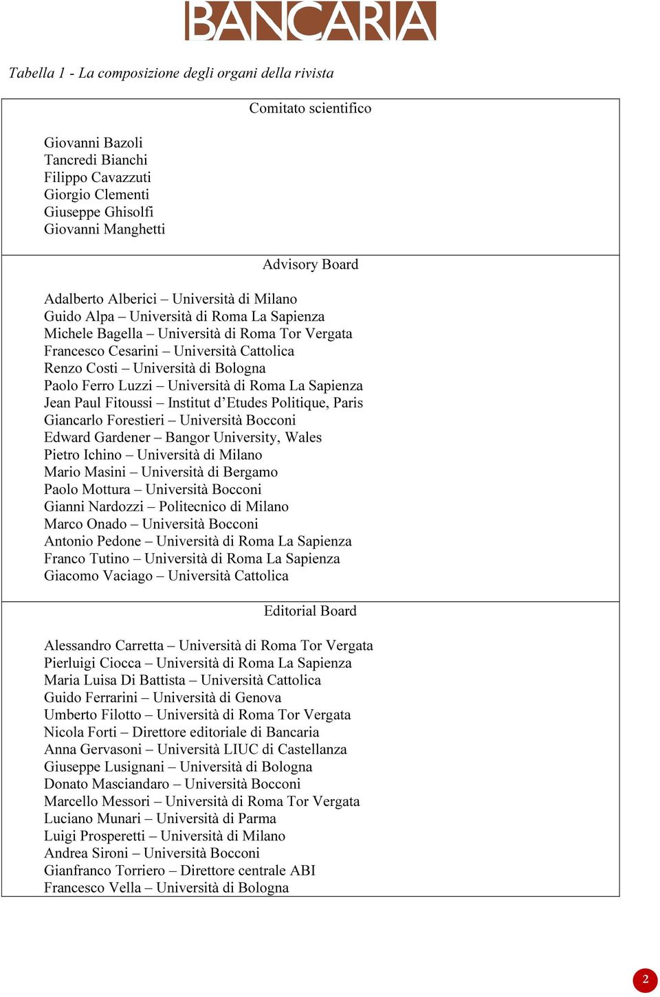 Bologna Paolo Ferro Luzzi Università di Roma La Sapienza Jean Paul Fitoussi Institut d Etudes Politique, Paris Giancarlo Forestieri Università Bocconi Edward Gardener Bangor University, Wales Pietro