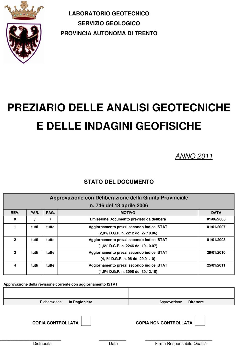 G.P. n. 2212 dd. 27.10.06) 2 tutti tutte Aggiornamento prezzi secondo indice ISTAT (1,6% D.G.P. n. 2246 dd. 19.10.07) 3 tutti tutte Aggiornamento prezzi secondo indice ISTAT (4,1% D.G.P. n. 96 dd. 29.