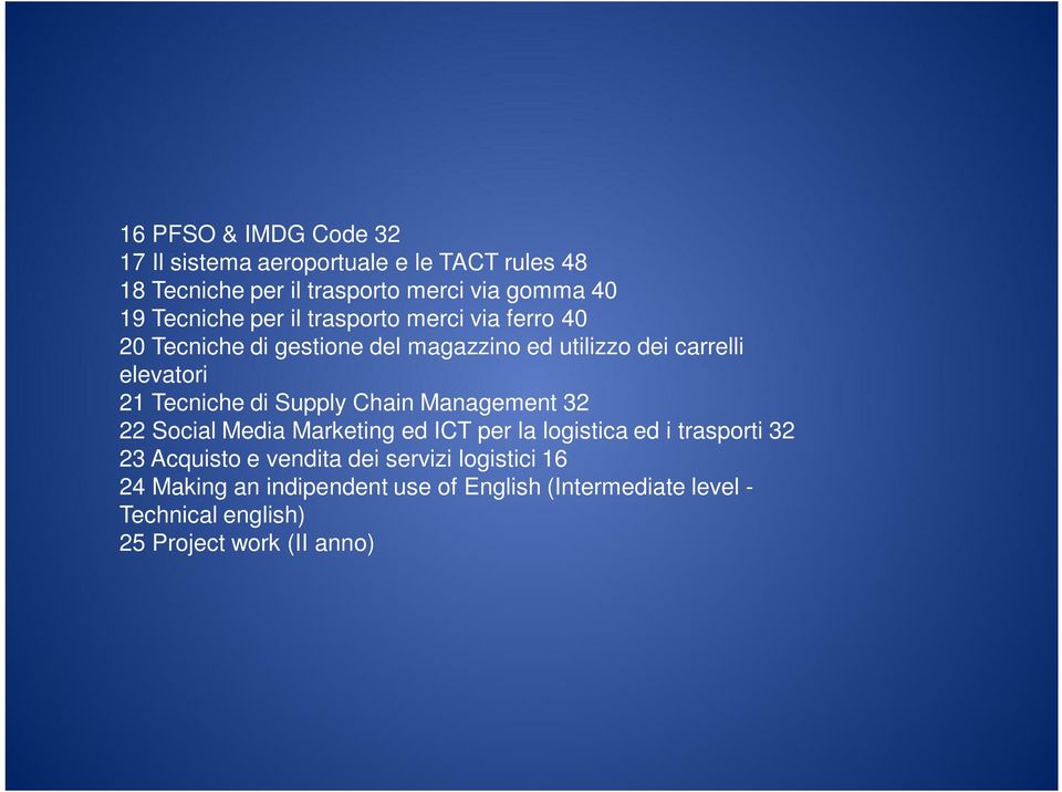 Tecniche di Supply Chain Management 32 22 Social Media Marketing ed ICT per la logistica ed i trasporti 32 23 Acquisto e
