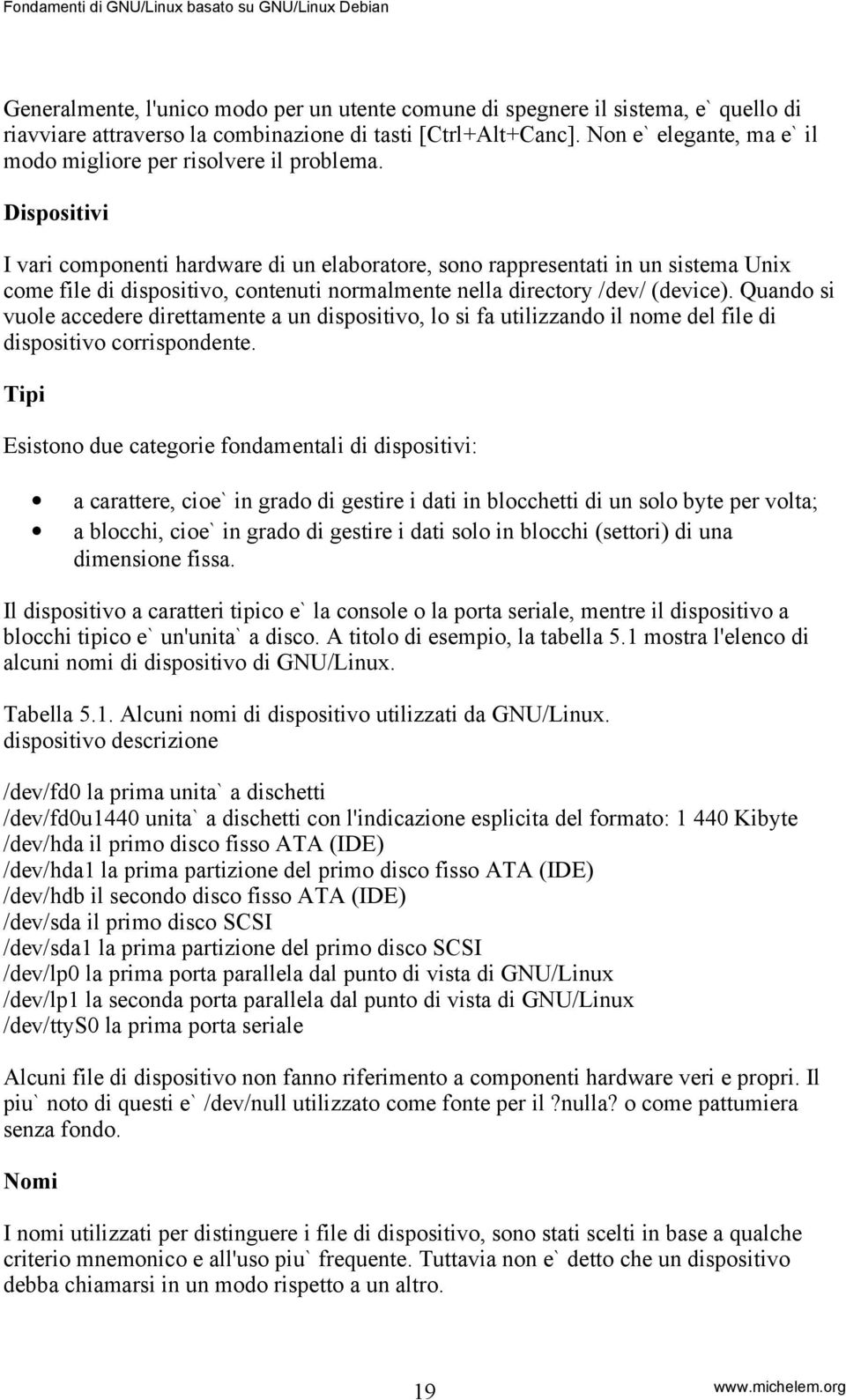 Dispositivi I vari componenti hardware di un elaboratore, sono rappresentati in un sistema Unix come file di dispositivo, contenuti normalmente nella directory /dev/ (device).