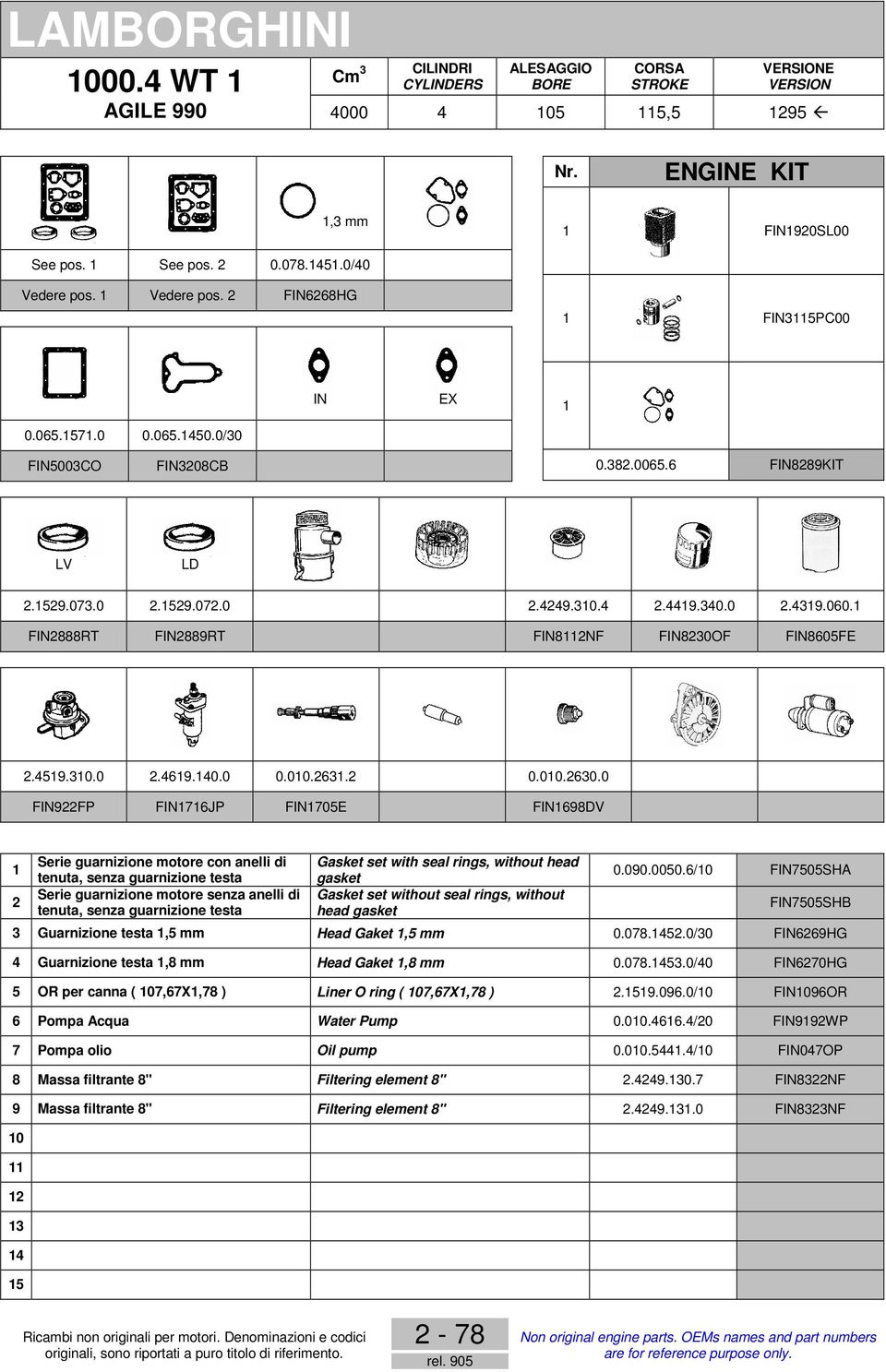 0 F922FP F76JP F705E F698DV 2 Serie guarnizione motore con anelli di Serie guarnizione motore senza anelli di Gasket set with seal rings, without head gasket Gasket set without seal rings, without