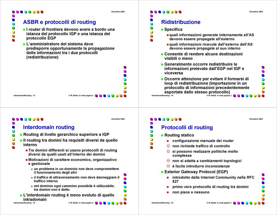 Baldi: si veda pagina 2 Ridistribuzione Specifica quali informazioni generate internamente all AS devono essere propagate all esterno quali informazioni ricevute dall esterno dell AS devono essere