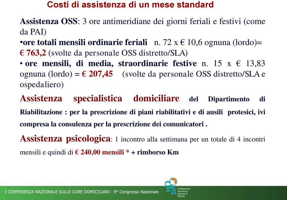 15 x 13,83 ognuna (lordo) = 207,45 (svolte da personale OSS distretto/sla e ospedaliero) Assistenza specialistica domiciliare del Dipartimento di Riabilitazione : per la