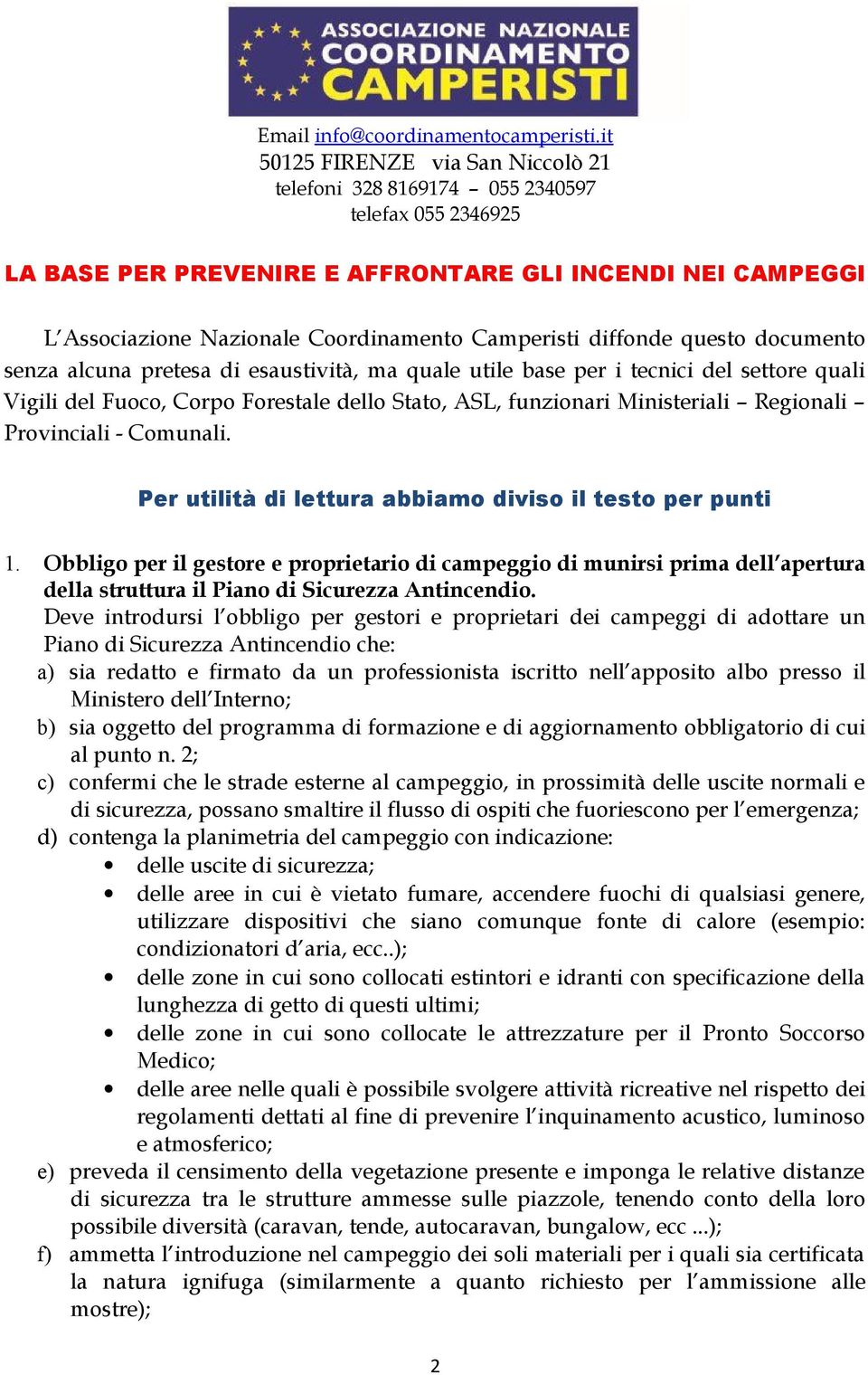 Obbligo per il gestore e proprietario di campeggio di munirsi prima dell apertura della struttura il Piano di Sicurezza Antincendio.