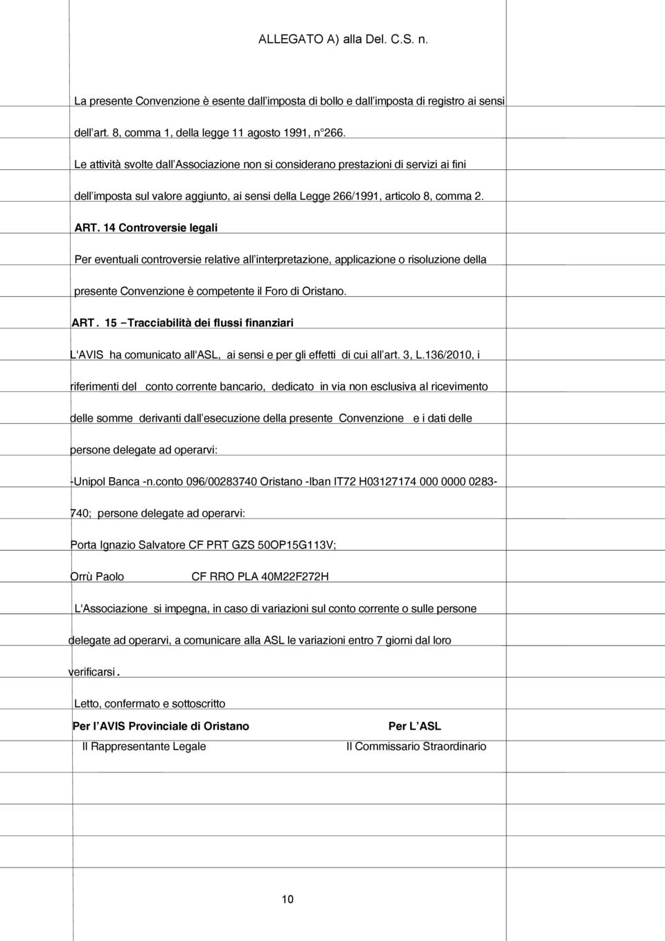 14 Controversie legali Per eventuali controversie relative all interpretazione, applicazione o risoluzione della presente Convenzione è competente il Foro di Oristano. ART.