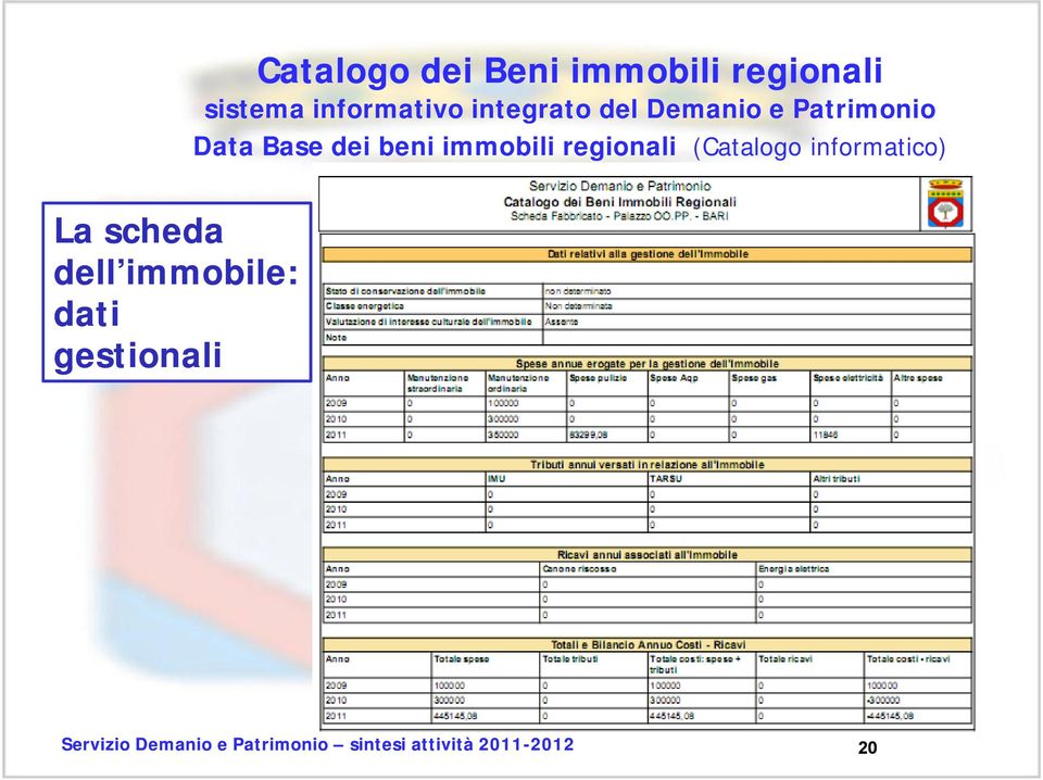 Data Base dei beni immobili regionali (Catalogo