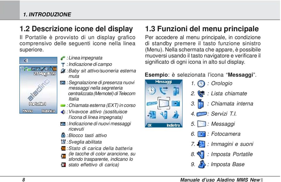 esterna (EXT) in corso : Vivavoce attivo (sostituisce l icona di linea impegnata) : Indicazione di nuovi messaggi ricevuti : Blocco tasti attivo : Sveglia abilitata : Stato di carica della batteria