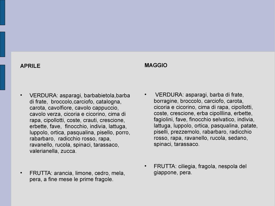 MAGGIO FRUTTA: arancia, limone, cedro, mela, pera, a fine mese le prime fragole.