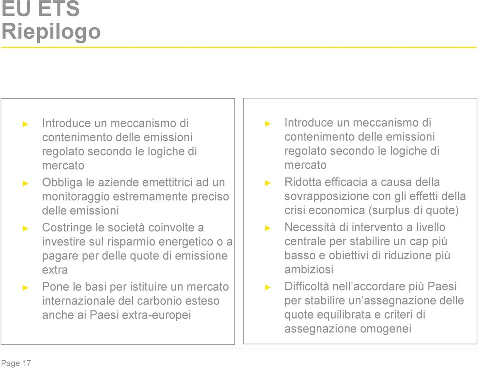 Costringe le società coinvolte a investire sul risparmio energetico o a pagare per delle quote di emissione extra Necessità di intervento a livello centrale per stabilire un cap più basso e obiettivi