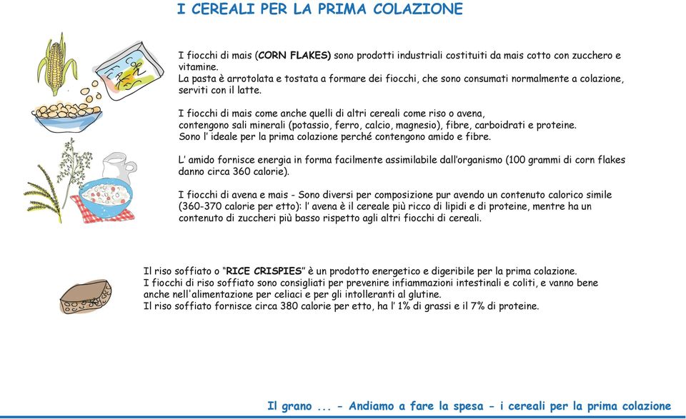 I fiocchi di mais come anche quelli di altri cereali come riso o avena, contengono sali minerali (potassio, ferro, calcio, magnesio), fibre, carboidrati e proteine.