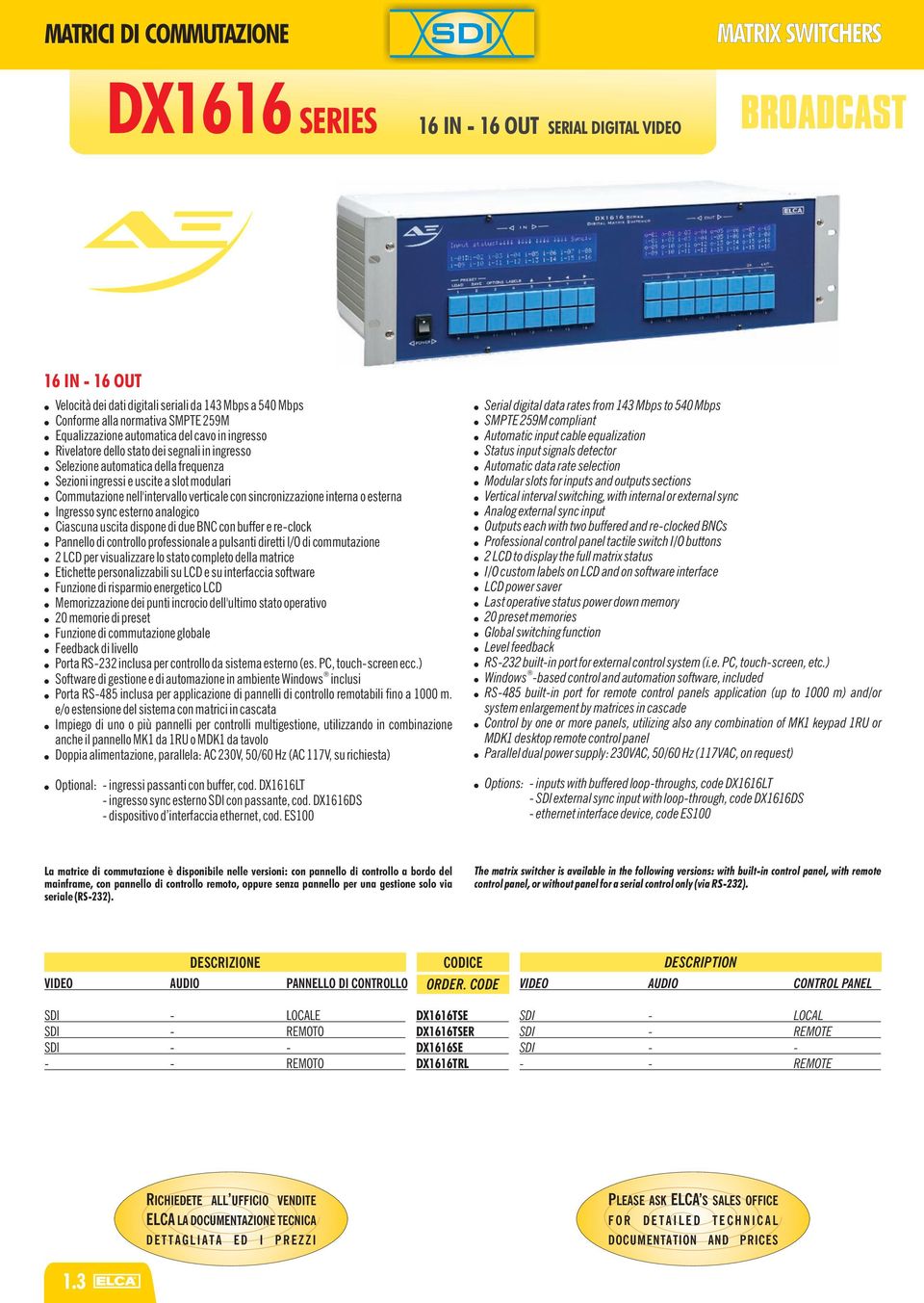 nell'intervallo verticale con sincronizzazione interna o esterna Ingresso sync esterno analogico Ciascuna uscita dispone di due BNC con buffer e re-clock Pannello di controllo professionale a