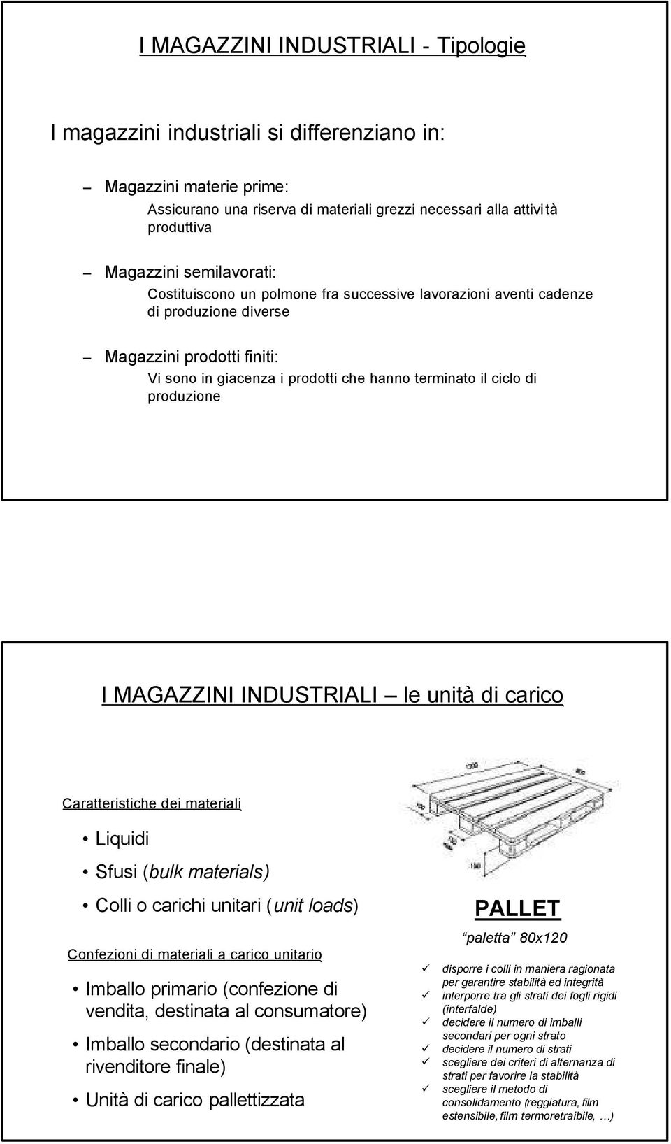 produzione I MAGAZZINI INDUSTRIALI le unità di carico Caratteristiche dei materiali Liquidi Sfusi (bulk materials) Colli o carichi unitari (unit loads) Confezioni di materiali a carico unitario