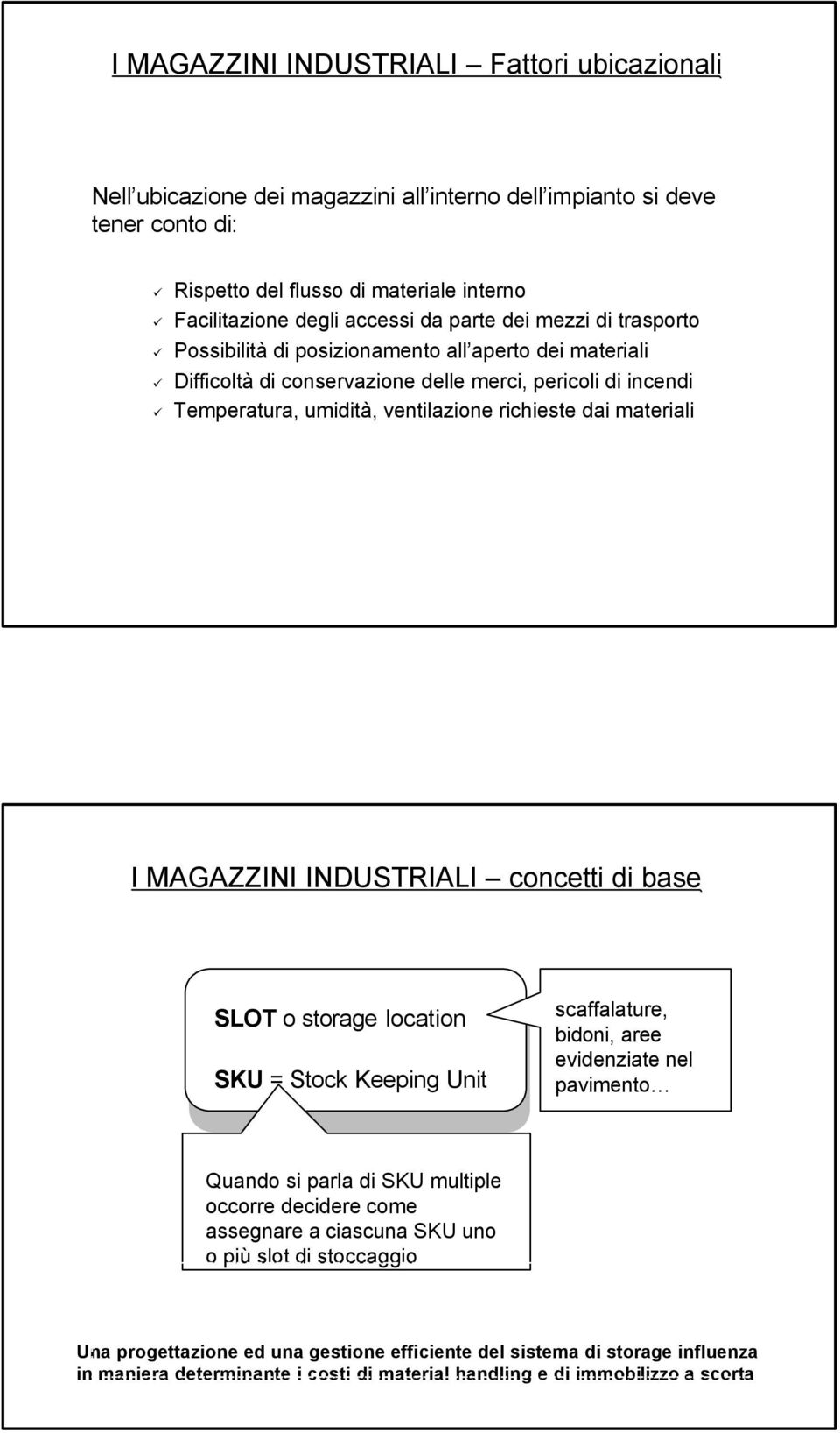 dai materiali I MAGAZZINI INDUSTRIALI concetti di base SLOT o storage location SKU = Stock Keeping Unit scaffalature, bidoni, aree evidenziate nel pavimento Quando si parla di SKU multiple occorre