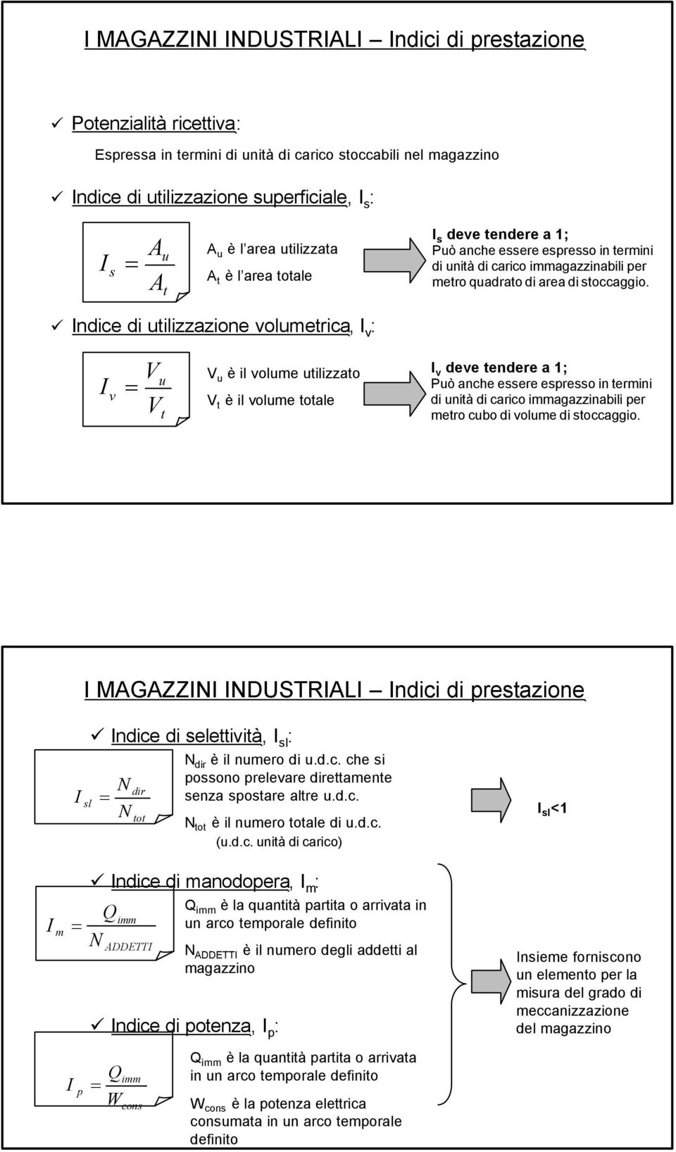 ü Indice di utilizzazione volumetrica, I v : V I v = V u t V u è il volume utilizzato V t è il volume totale I v deve tendere a 1; Può anche essere espresso in termini di unità di carico