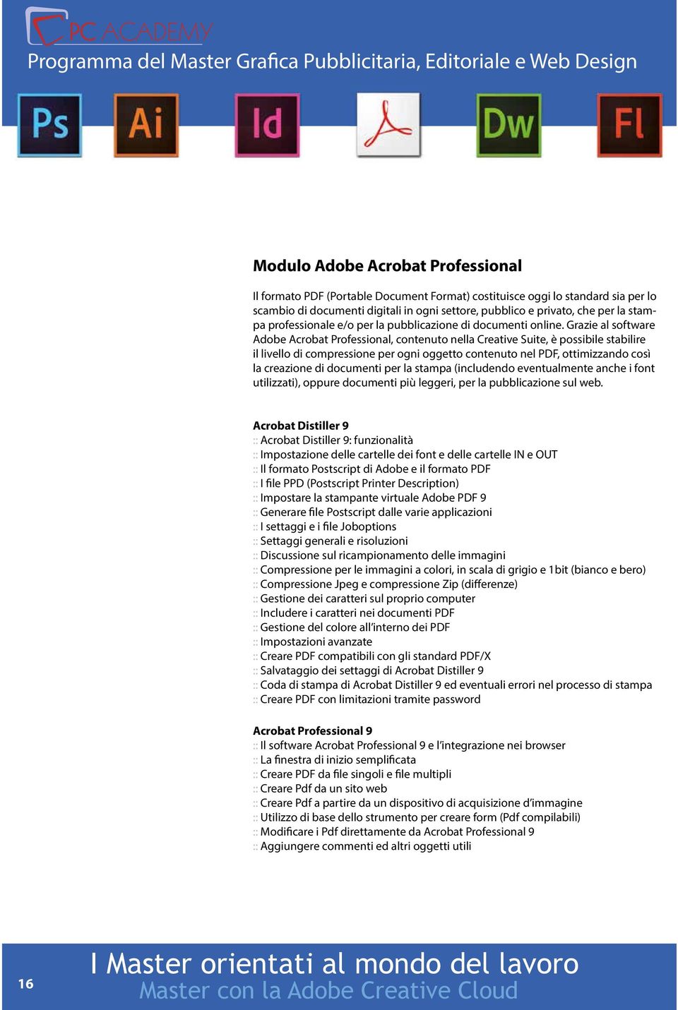 Grazie al software Adobe Acrobat Professional, contenuto nella Creative Suite, è possibile stabilire il livello di compressione per ogni oggetto contenuto nel PDF, ottimizzando così la creazione di