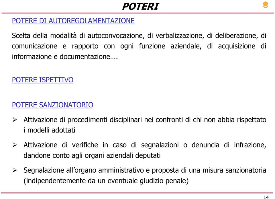 POTERE ISPETTIVO POTERE SANZIONATORIO Attivazione di procedimenti disciplinari nei confronti di chi non abbia rispettato i modelli adottati Attivazione di