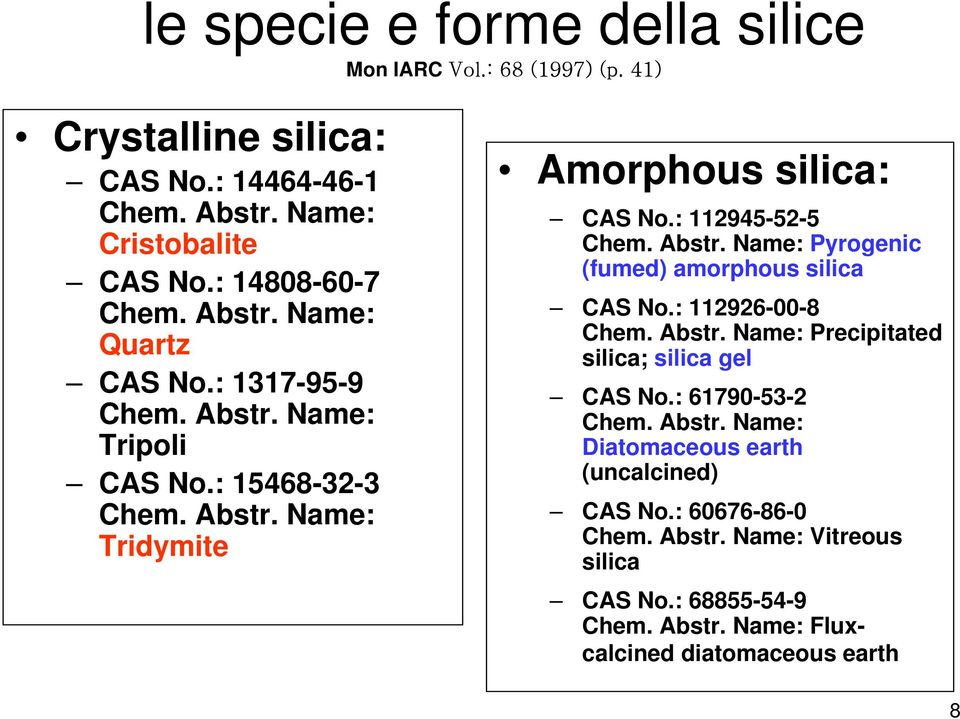 : 112945-52-5 Chem. Abstr. Name: Pyrogenic (fumed) amorphous silica CAS No.: 112926-00-8 Chem. Abstr. Name: Precipitated silica; silica gel CAS No.